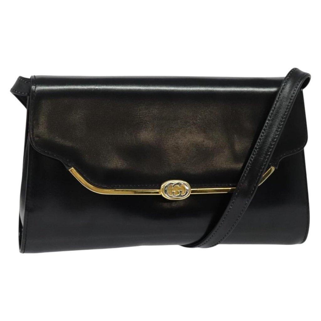 Authentic Gucci Shoulder Bag Leather Black Gold